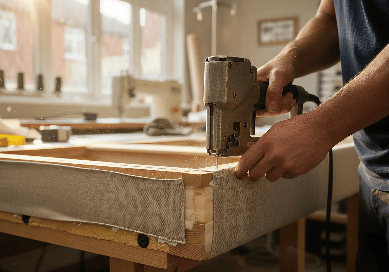Upholstery craftsman working with fabric in a workshop